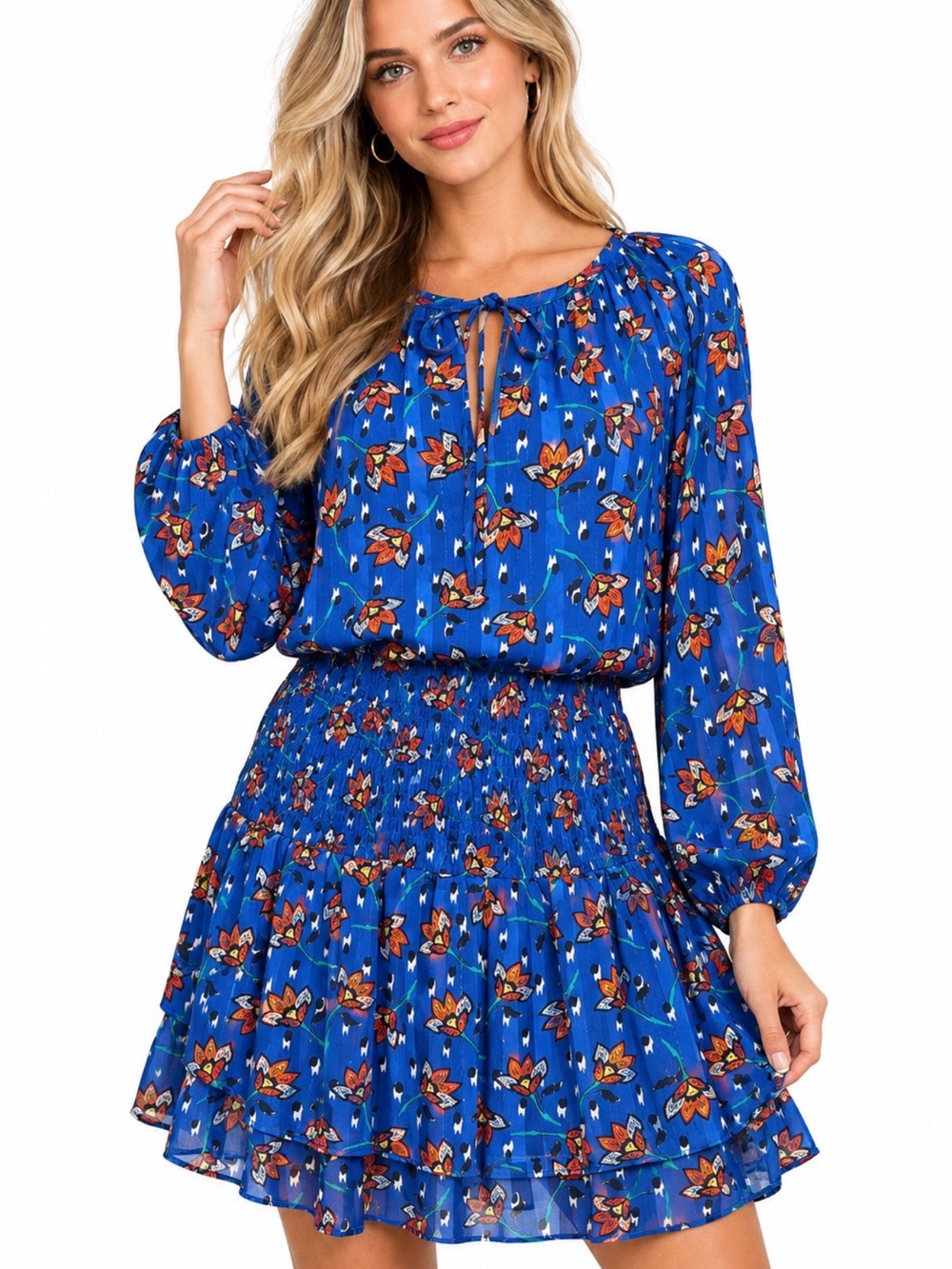 Aqua Blue Floral Tiered Long Sleeve Dress. size S